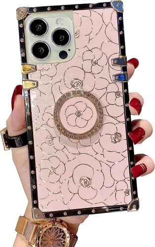 Couverture mignonne carrée pour les filles femmes TPU Luxe Rose Cas Antichoc Protection Heavy Duty Case Convient à l'iPhone 13 Pro Max avec Anneau Titulaire Fleur Design