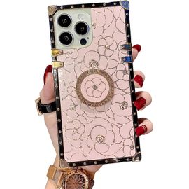 Couverture mignonne carrée pour les filles femmes TPU Luxe Rose Cas Antichoc Protection Heavy Duty Case Convient à l'iPhone 13 Pro Max avec Anneau Titulaire Fleur Design