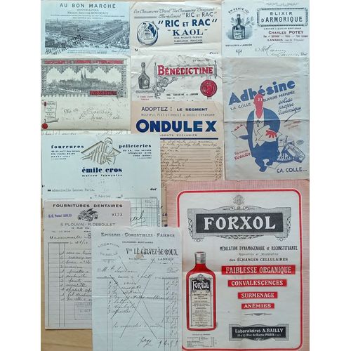 Lot 11 Factures Anciennes Et Timbres Fiscaux : Bénédictine, Elixir Armorique, Chocolat Abbaye Tinchebrai, Forxol, Bénédictine, Au Bon Marché, Emile Cros, Ric Et Rac...
