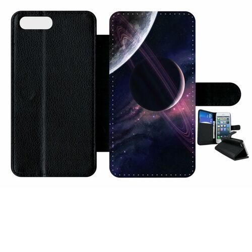 Etui A Rabat - Espace Saturne - Compatible Avec Apple Iphone 7+ - Simili-Cuir - Bord Noir