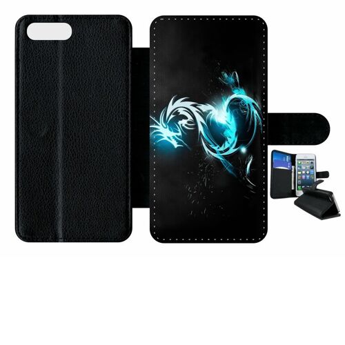 Etui A Rabat - Dragon Tribal - Compatible Avec Apple Iphone 7+ - Simili-Cuir - Bord Noir