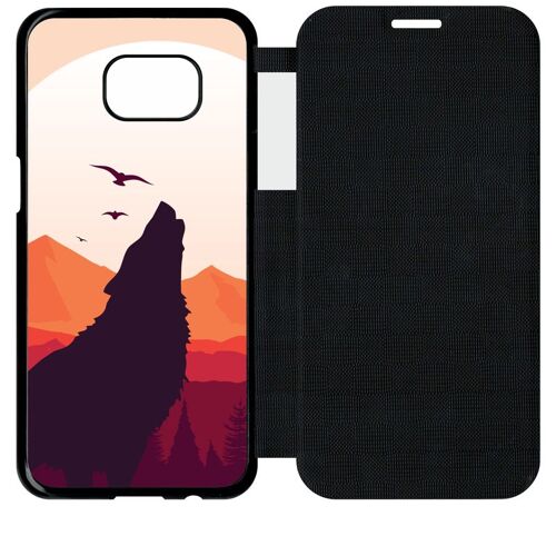 Etui A Flip Flap - Loup La Pleine Lune - Compatible Avec Samsung Galaxy S7 Edge - Plastique - Bord Noir