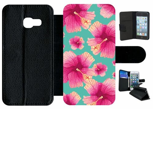 Etui à rabat galaxy a3 (2017) - hibiscus fond turquoise - simili-cuir - noir
