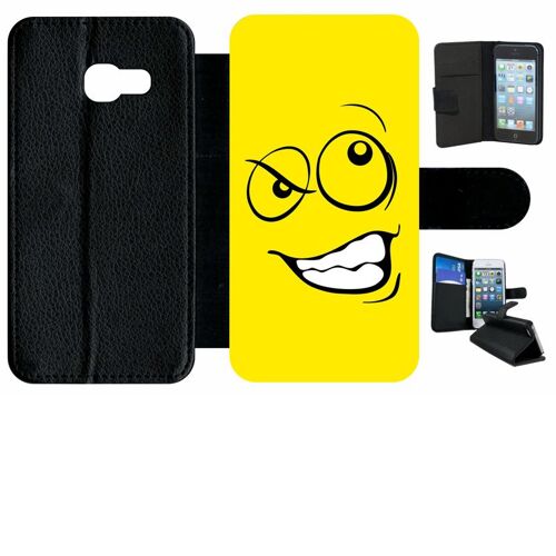 Etui à rabat galaxy a3 (2017) - smiley énervé jaune - simili-cuir - noir