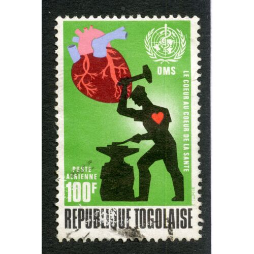 Timbre Oblitéré République Togolaise, Oms, Le Coeur Au Coeur De La Santé, Poste Aérienne, 100 F