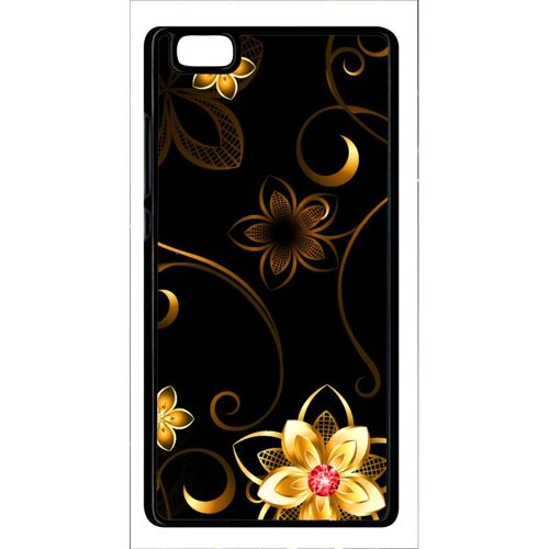 Coque pour smartphone - Fleur d or fond noir - compatible avec huawei P8 Lite (2015) - Plastique - bord Noir