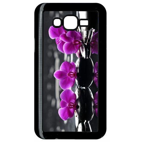 Coque pour smartphone - Orchide violette fond gris - compatible avec samsung Galaxy J7 - Plastique - bord Noir