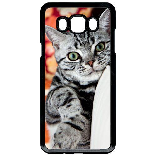 Coque pour smartphone - Chat tigré gris yeux vert - compatible avec samsung Galaxy J7 (2016) - Plastique - bord Noir