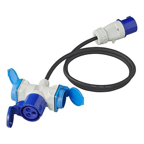 Câble adaptateur 150cm 3x1.5mm² de la fiche CEE vers 2xSchuko + 1xprise CEE