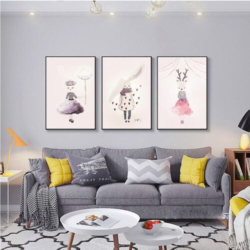Wekity Cartoon Fée Lapin 4 Art Mural Toile Impression Affiche, Simple Mignon Aquarelle Art Peinture Décor Pour La Maison Salon Chambre Bureau Et Enfants