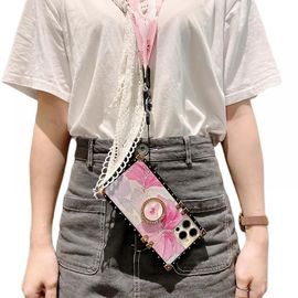 Coque de téléphone carrée compatible avec l'iPhone 13 Pro Max, motif de fleurs scintillantes Protection antichoc Coque de téléphone rose robuste avec support d'anneau + lanyar