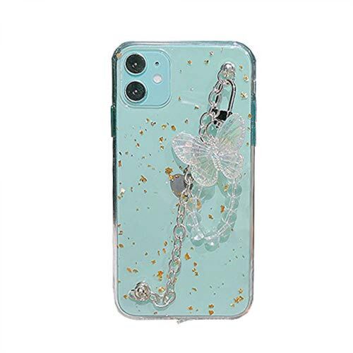 Fille Femmes Belle Feuille D'or Feuille D'or Transparent TPU Coque De Téléphone + Chaîne De Bracelet En Métal + Papillon Longe, Protection Complète pour iPhone 11 Pro Max||aller
