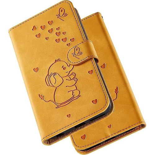 Coque de téléphone iPhone 11 Pro,Joli motif de dessin animé de coeur d'amour d'éléphant avec fente pour carte,Support pliant,Couvercle à rabat magnétique,Compatible pour iPhone 11 Pro-Yell