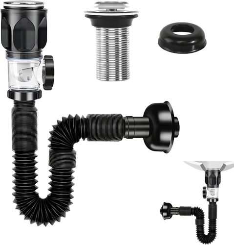 KALANKA-Kit de Égouttoir de Bonde de Lavabo Universel Égouttoir Siphon Lavabo avec Tuyau de Vidange Flexible Rétractable et Bouchon Dévier À Filtre Pop-up Kit de Vidange D'Évier pour Salle de Bain Cu