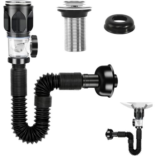 KALANKA-Kit de Égouttoir de Bonde de Lavabo Universel Égouttoir Siphon Lavabo avec Tuyau de Vidange Flexible Rétractable et Bouchon Dévier À Filtre Pop-up Kit de Vidange D'Évier pour Salle de Bain Cu
