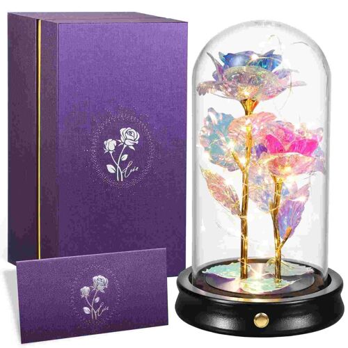 Roses En Double Feuille Dans Un Dôme De Verre Pour Toujours, Avec 20 Lumières Led, Coffret Cadeau De Luxe Pour La Saint-Valentin, La Fête Des Mères