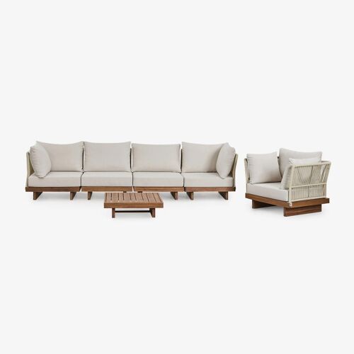Ensemble De Canapé Modulaire Dailin 4 Pièces Avec 2 Chaises D'angle, Table Basse Et Fauteuil En Bois D'acacia Brun Acacia