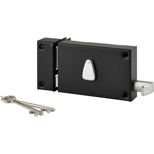 Serrure Horizontale En Applique 6 Gorges À Tirage Pour Entrée - Gauche - Axe 64 Mm - Carré 7 Mm - 140X88 Mm - Noir - 2 Clés - Coffre Et Gâche Acier Cambré - Mécanisme À 6 Gorges