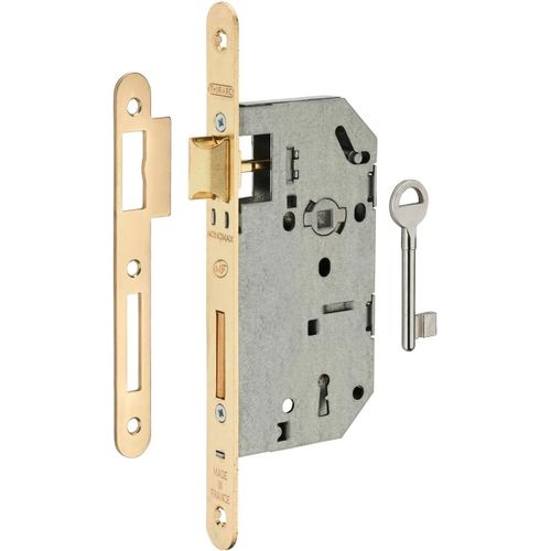 Serrure Encastrable Monomax Nf À Clé - Porte De Chambre - Axe 50 Mm - Bouts Ronds - Têtière Laitonnée - Coffre Acier Embouti - Mécanisme À 2 Tours - 1 Clé - Jaune/Doré