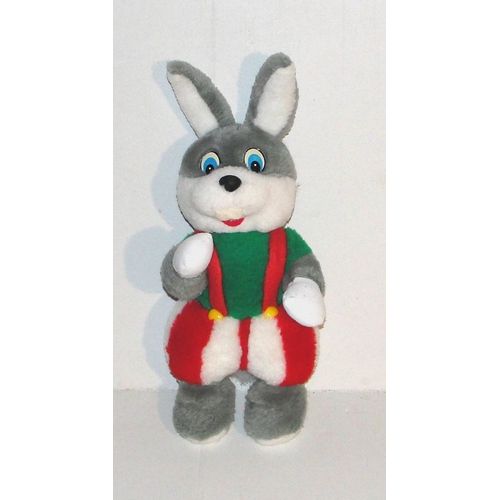 Peluche Lapin Gris Vert Nounours Salopette Rouge Et Blanche 24 Cm