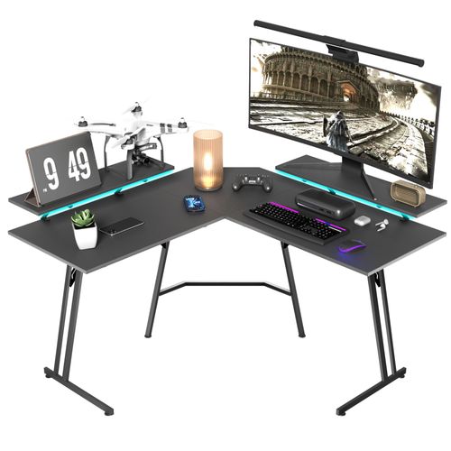 Bureau Informatique D’Angle 120x120 Cm Noir – Plateau 50 Cm, Led Intégrées Et Support Écran Amovible, Bureau Gaming Et Télétravail