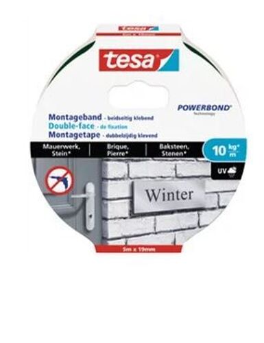 Ruban Adhésif Tesa Powerbond double face -brique et pierre – 10kg/M Bande 5 m x 19 mm-Ref 77749-00000-00