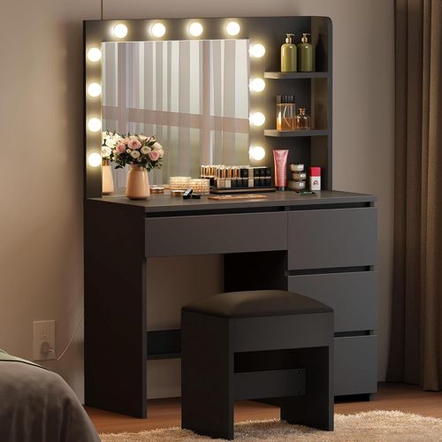 Coiffeuse Avec Éclairage, Miroir, Avec Tabouret, 3 Couleurs Avec Luminosité Réglable, Avec 4 Tiroirs, Compartiments Ouverts Led