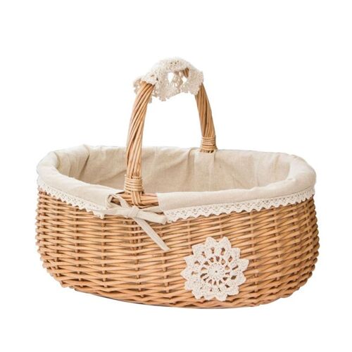 Xm Panier En Osier Rotin Rangement Panier Boîte Pique-Nique Panier Fruits Fleur Paniers Avec Couvercle Et Poignée Et Doublure Blanche Pour Camping # Co