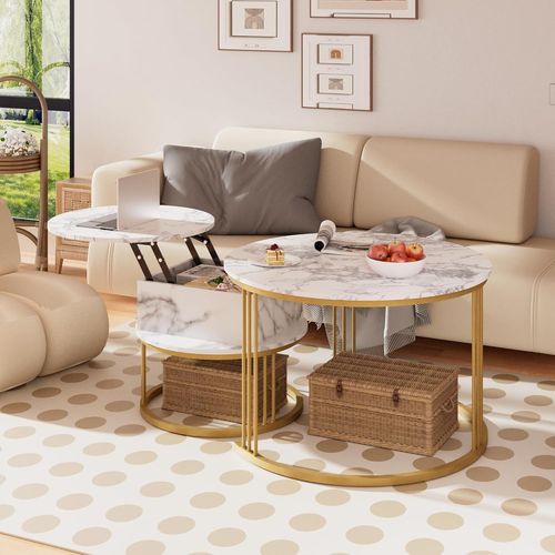 Table Basse Gigogne Ronde ¿ Set De 2 Table De Salon Avec Plateau Relevable & Rangement Intégré (Ø70/50cm), Solution Gain De Place Pour Salon, Bureau, Coin Détente