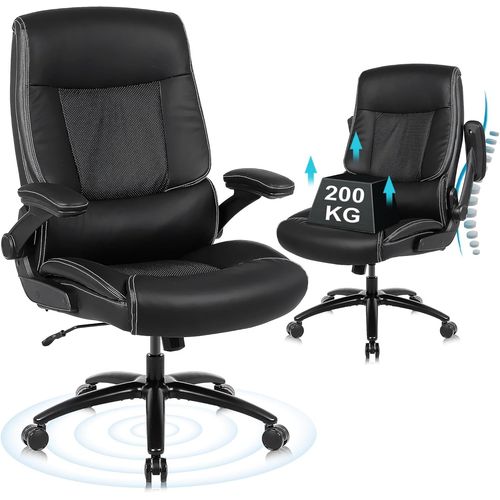 Chaise Bureau, Chaise De Bureau 200 Kg Pour Personnes Corpulentes, Fauteuil De Bureau En Cuir Pu Avec Accoudoirs Relevables, Chaise De Bureau Ergonomique À Dossier Haut, Noir