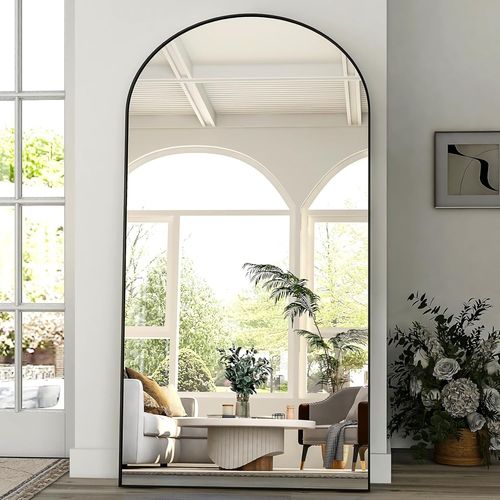 Grand Miroir Pleine Longueur Arqué 218 X 102 Cm, Miroir Sur Pied Bombé Suspendu Ou Appuyé Contre Le Mur, Grand Miroir De Sol Avec Support Pour Chambre À Coucher, Salon Ou Dressing, Noir