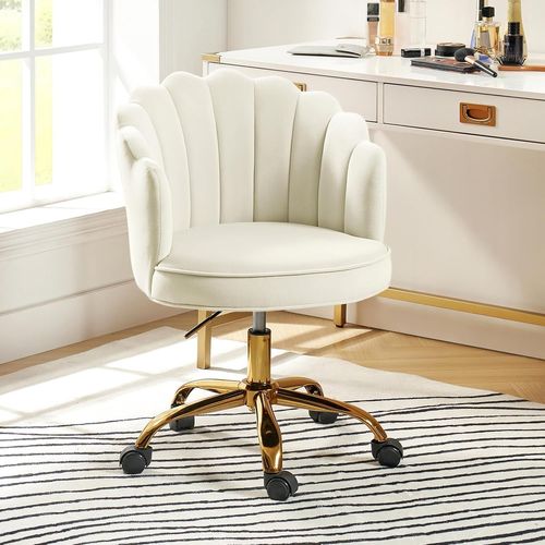 Chaise De Bureau Sans Bras En Velours, Fauteuil De Bureau Mignonne En Velours Moderne, Siège Roulante Pivotante À Dossier Bas Réglable,Chaise Bureau Fille,Blanc