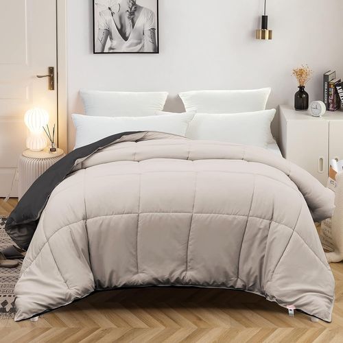Buen-Couette Bicolore 4 Saisons Couette D'été Légère 450g/M² 140x200cm Hypoallergénique Bicolore Beige + Gris Couette De Lit Réversible 1 Personnes Edredon
