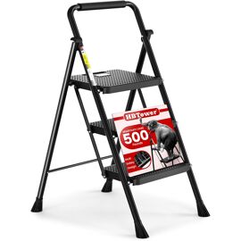 JEXNOVASHOP-Escabeau 3 Marches Pliable, Échelle avec Pédales Antidérapantes et Poignée Confortable, Escabeau en Acier Portable, Noir