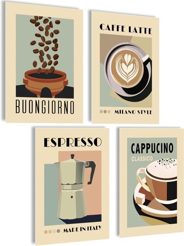 KALANKA-Poster café - Images de café - Tableau mural pour la cuisine - Poster esthétique - Images vintage - Décoration de salon et cuisine - Café esthétique - 4 x A4 - Sans cadre