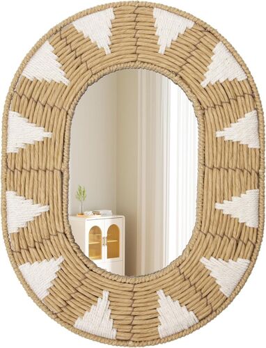 Oval Rattan Wall Mirror Bohemian Style Modern Wall Mirror With Metal Hook Boho Wall Decor Wall Decor For Bathroom Entryway Living Room Bedroom