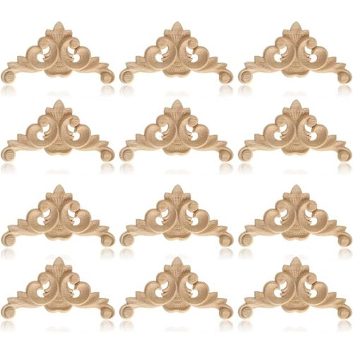 12 Pièces Bois Sculpté De Rose Fleur Applique En Bois Non Peint Moulure Décorative Avec Papier Abrasif Cadre Coin Onlay Pour Porte Meubles Cabinet Mural Armoire Décor Maison(Style 2,6X6Cm)
