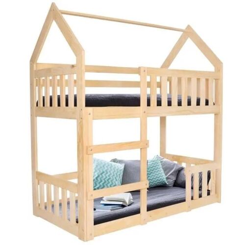 Lit superposé - Springos® - Maison en bois massif - 80 x 160 cm - 2 places - Barrière de sécurité