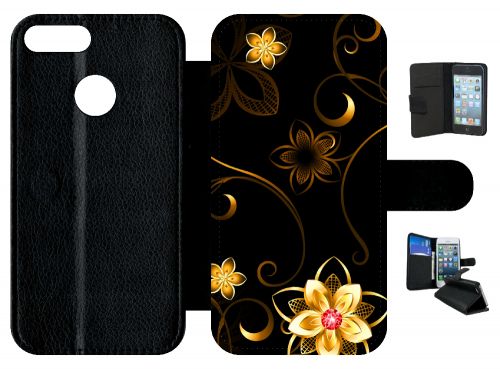 Etui a rabat - Fleur d or fond noir - compatible avec honor 9 Lite - Simili-Cuir - bord Noir