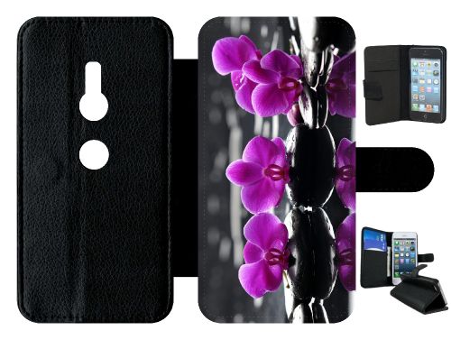 Etui a rabat - Orchide violette fond gris - compatible avec sony Xperia XZ2 - Simili-Cuir - bord Noir