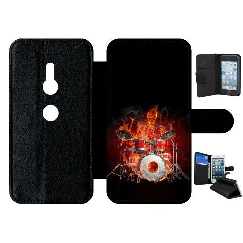 Etui A Rabat - Squellette Joue A La Batterie Flamme - Compatible Avec Sony Xperia Xz2 - Simili-Cuir - Bord Noir