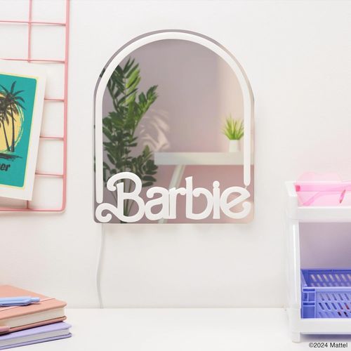 Mattel Official Barbie LED Illuminated Wall Mirror for Home and Room for Girls, Teens and Women, USB Powered Rosa Lamp