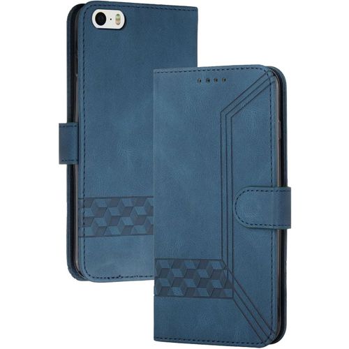 Coque Compatible Avec Iphone 5/Iphone 5s/Iphone Se (4.0 Pouce),Anti-Choc Housse En Cuir Premium Flip Case Portefeuille Etui,Bleu