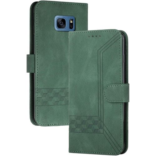 Coque Compatible Avec Samsung Galaxy S7 Edge,Anti-Choc Housse En Cuir Premium Flip Case Portefeuille Etui,Vert