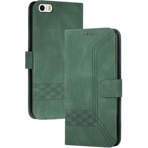 Coque Compatible Avec Iphone 5/Iphone 5s/Iphone Se (4.0 Pouce),Anti-Choc Housse En Cuir Premium Flip Case Portefeuille Etui,Vert
