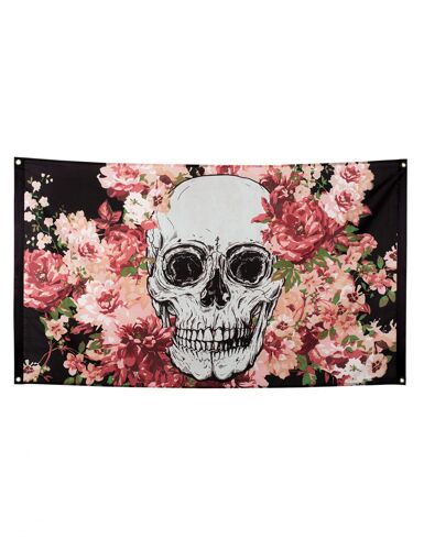 Drapeau En Polyester Squelette Fleuri Noir 90 X 150 Cm Taille Unique