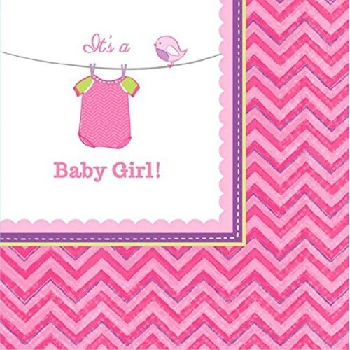 Amscan Pretty Shower With Love Girl Baby Shower Party Beverage Napkins (16 Piece), 5 X 5 , Pink