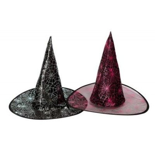 P'tit Clown Re56570 - Chapeau Sorcière Adulte, Tissu Voile Noir Impression Toile Araignée, Taille Unique