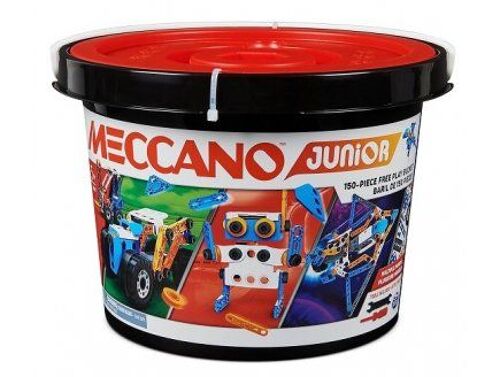 Seau Baril construction multi modeles Meccano Junior 5 ans - 150 pieces, 2 outils - Vehicules, Robot - Set Jouet steam et carte