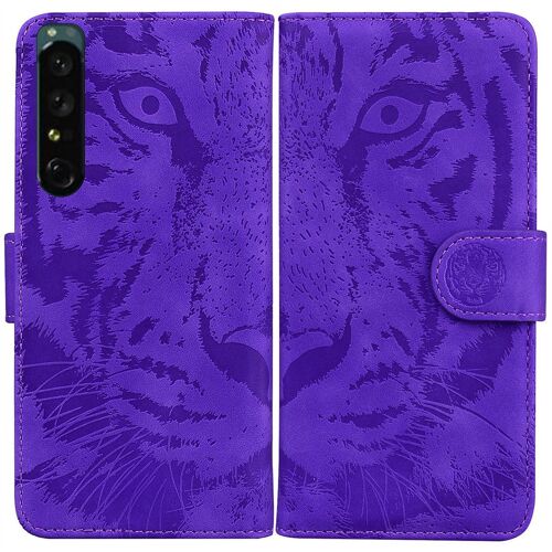 Saturcase Coque Pour Sony Xperia 1 Iv 2022, Embossage De Tigre Pu Cuir Magnétique Flip Portefeuille Support Porte-Carte Protecteur Housse Étui Pour Sony Xperia 1 Iv 2022 (Violet)